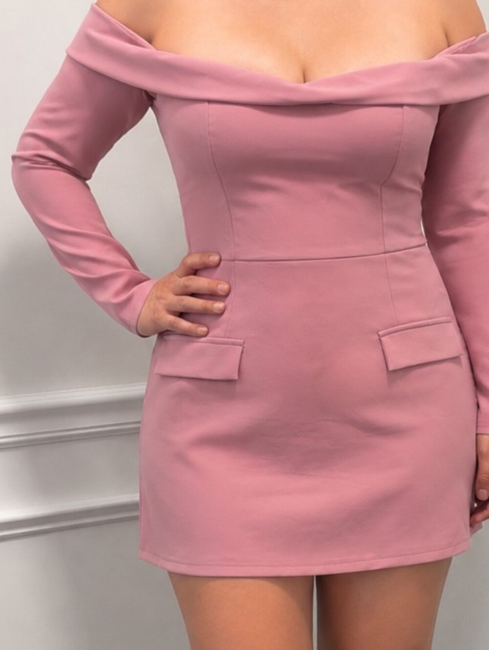 Off-Shoulder Long Sleeve Pink Dress